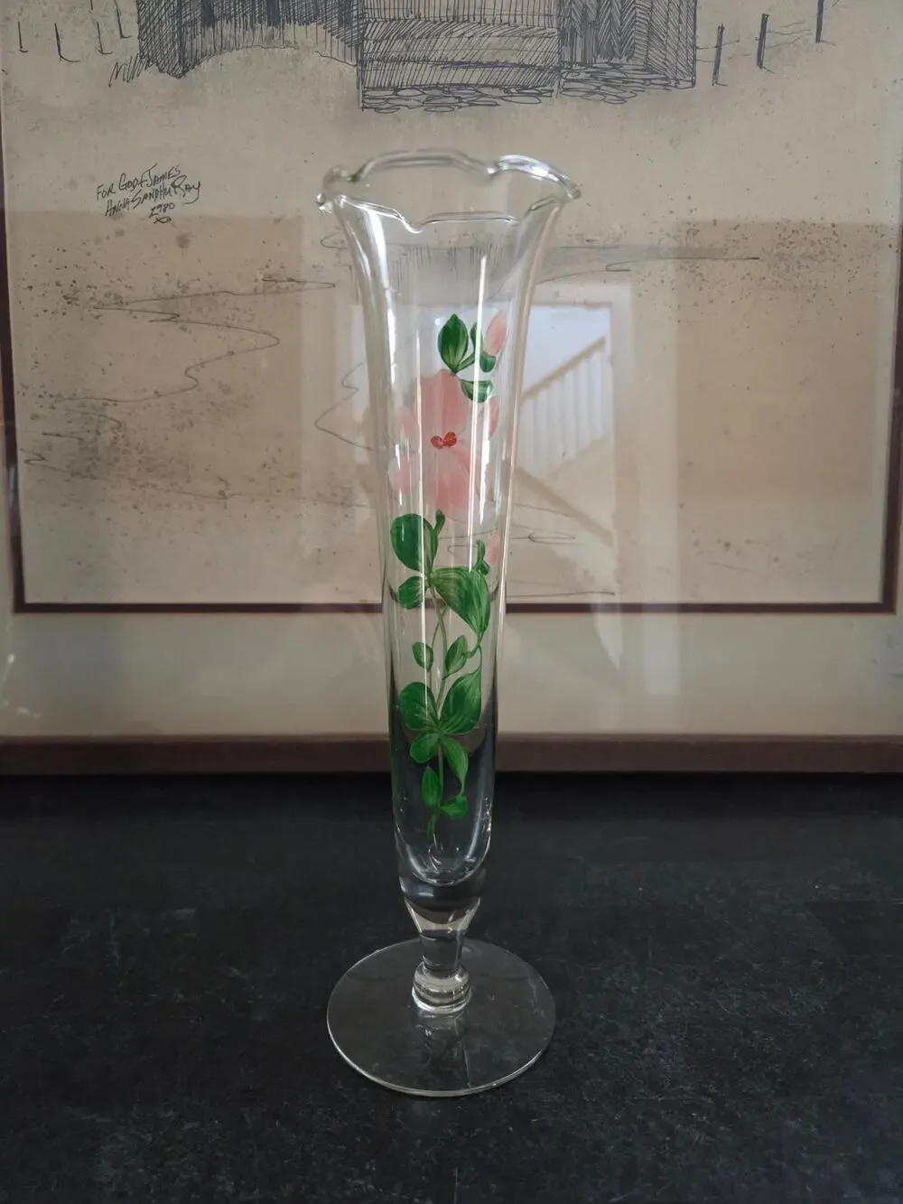 Vintage Bohemian Hand Painted Floral Glass Bud Vase 9.5